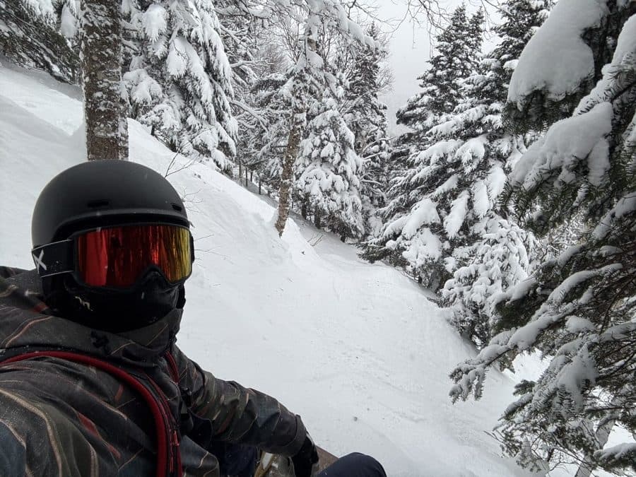 Snowboarding selfie in goggles among snow-covered trees